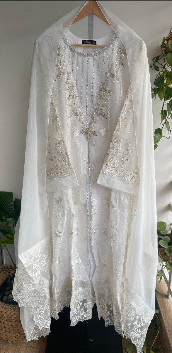 Pakistani Original Mona Embroidery Cotton Net Stitched Gown 3Pcs _ Off White