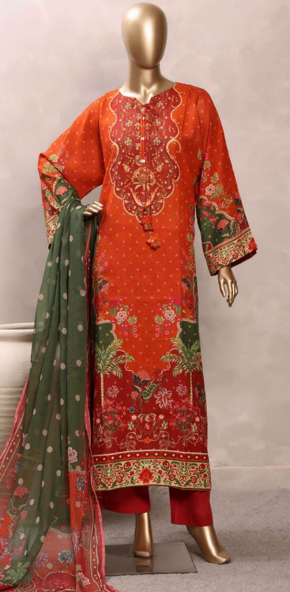 Pakistani Original Sadabahar Printed Stitched  Kaftan 3pc _ Rust 
