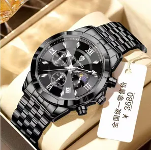 Black Chronograph Watch –Moon Phase & Luminous Hands