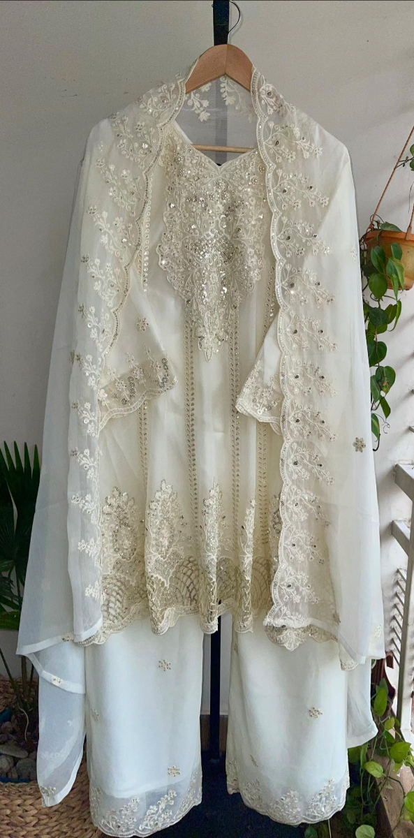 Original Pakistani Chiffon Stitched Frock With Palazzo Set _ Off White