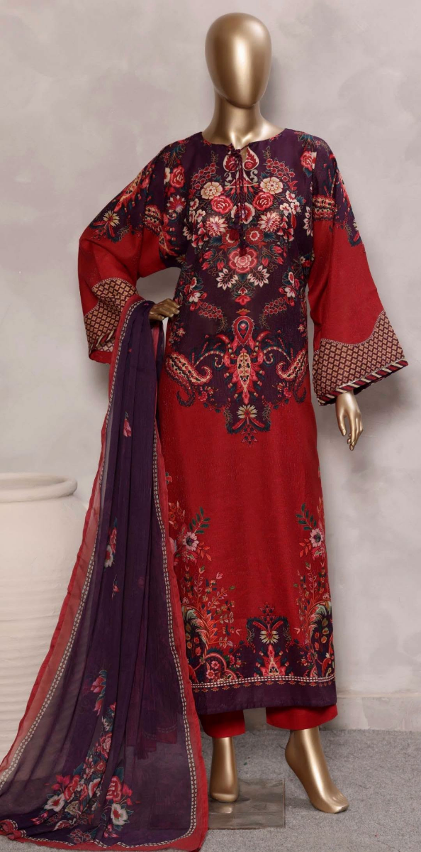 Pakistani Original Sadabahar Printed Stitched  Kaftan 3pc _ Deep Purple & Maroon 