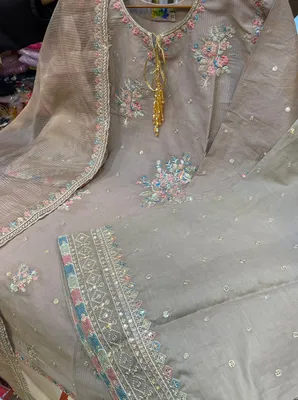 Pakistani-Inspired Embroidered Swizz Lawn Stitched Three-Piece Collection (Muted Mushroom / Taupe)