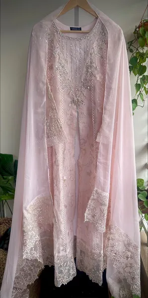 Pakistani Original Mona Embroidery Cotton Net Stitched Gown 3Pcs _ Ligth Pink