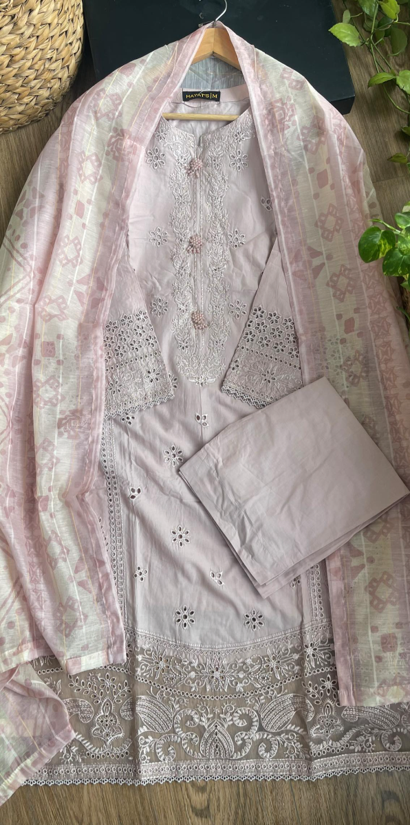 Original Pakistani Hayat’s Cotton Embroidered Stitched 3pcs _ Ligth Beige