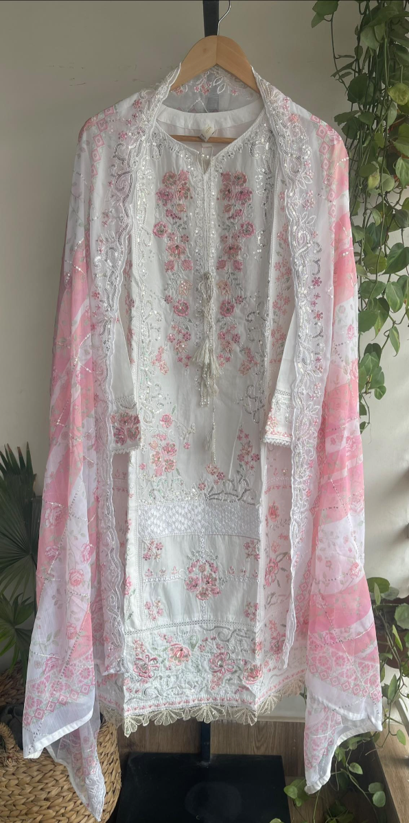 Pakistani Original Bin Saeed Stitched 3Pc With Chiffon Dupatta  _ Off White 