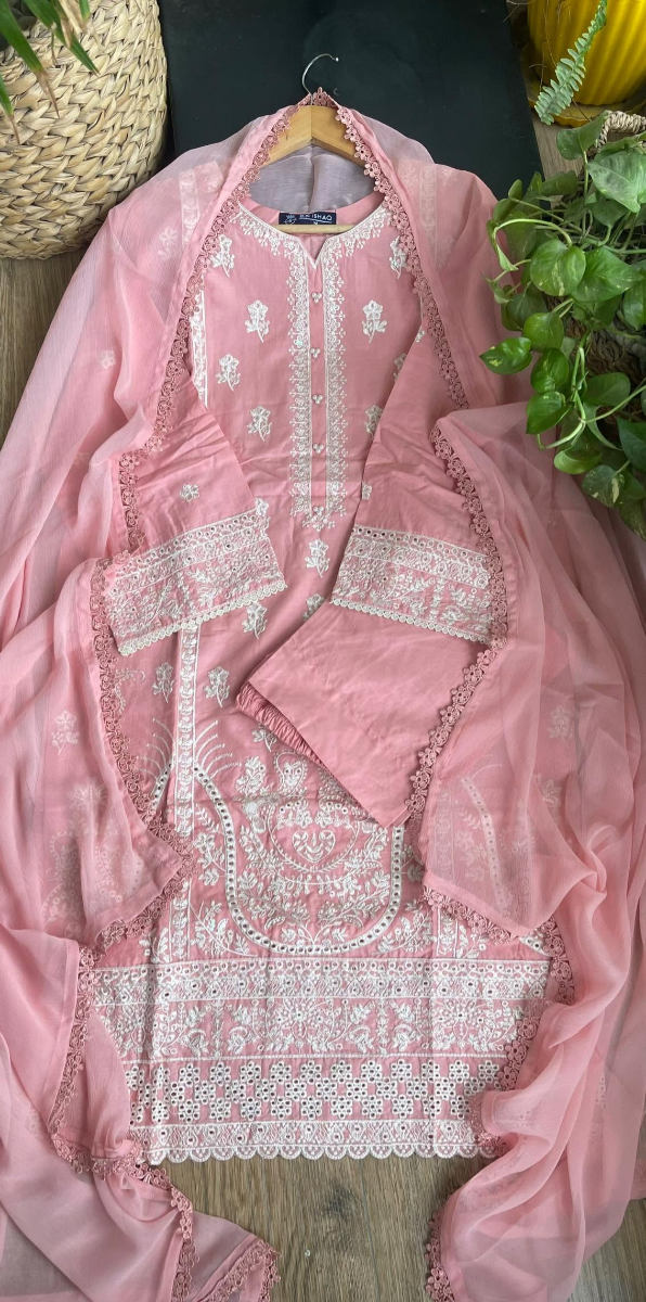 Pakistani Original Hayat’s Embroidered Stitched Cotton 3Pcs _ Pink 