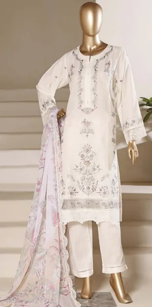 Original Pakistani Sadabahar Luxury Cotton Stitched 3Pc With Chiffon Dupatta _ Off White