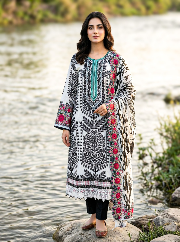 Contemporary Swizz Cotton Suit with Embroidered Finish