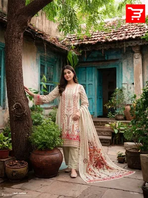 Ethnic Printed Swiss Lawn Stitched Three-Piece Suit - Off White & Cream