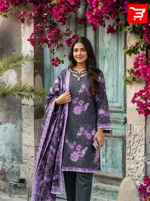 Swizz Lawn Printed Cotton 3-Piece Suit with Neck Embroidery Work - Black & Purple