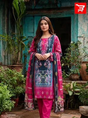 Floral Printed Swiss Lawn Stitched Three-Piece Suit - Magenta & Navy Blue