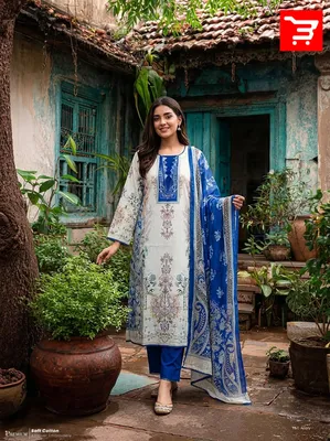Ethnic Printed Swiss Lawn Stitched Three-Piece Suit - Royal Blue & Cream