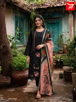 Black Stitched Cotton Dress with Pink Floral Embroidery, Cutwork Daman & Floral Dupatta