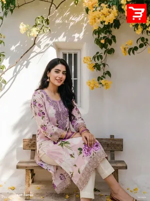 Swizz Lawn Printed Cotton 3-Piece Suit with Neck Embroidery Work - Off-White & Purple