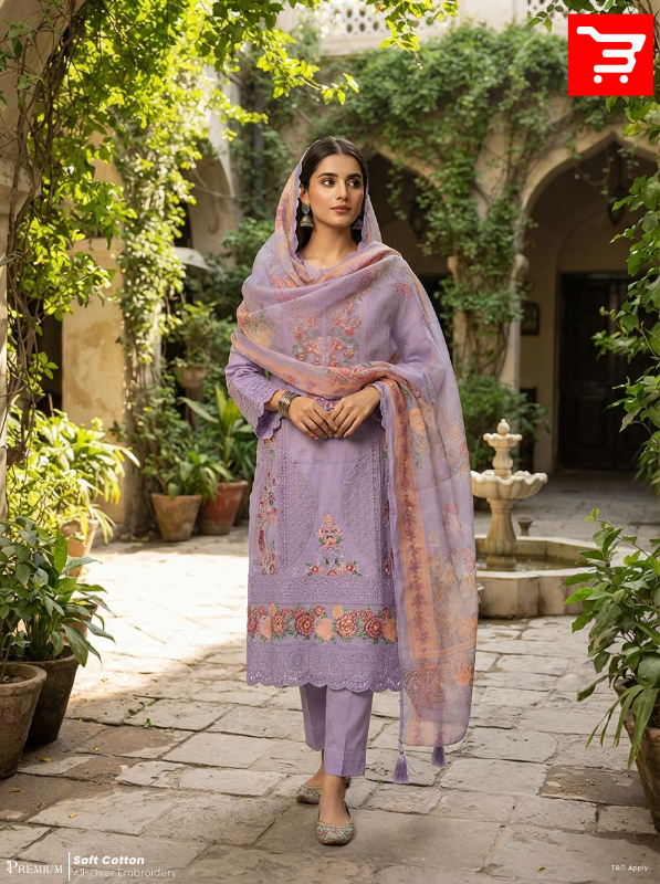 Soft Lavender Floral Embroidered Solid Cotton Three-Piece Suit - Soft Pastel Lavender / Lilac Base