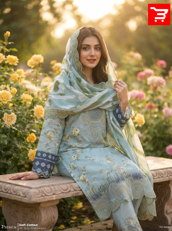 Mint Blue Floral Embroidered Swiss Lawn Three-Piece Suit Set - Refreshing Mint Blue / Pastel Sea Green Base