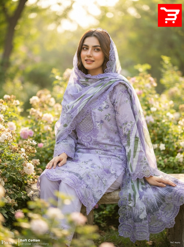 Lavender & Orchid Floral Embroidered Swiss Lawn Three-Piece Suit Set - Soft Lavender / Orchid Purple Base 
