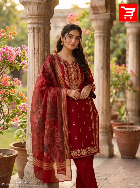 Pakistani-Inspired Embroidered Three-Piece Suit Collection - Rich Magenta / Maroon Base