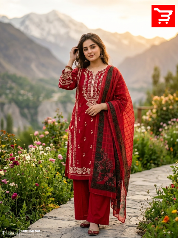 Pakistani-Inspired Embroidered Three-Piece Suit Collection - Rich Maroon