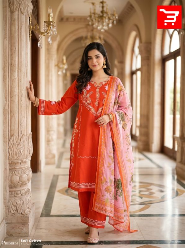 Pakistani-Inspired Embroidered Three-Piece Suit Collection - Vibrant Rust Orange