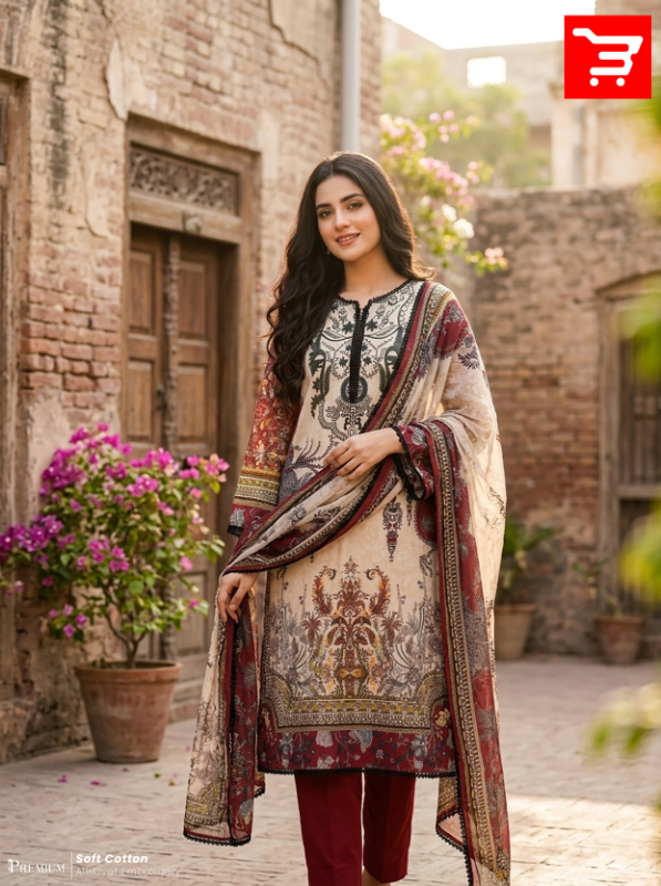 Cream & Maroon Folk Printed Swiss Lawn Three-Piece Suit Set - Off-White / Cream Base