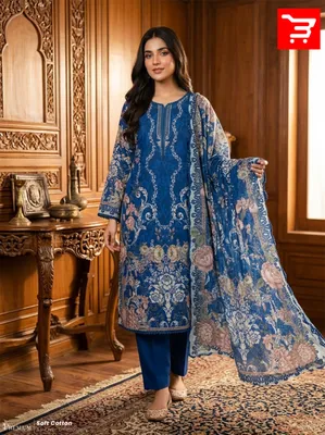 Royal Navy Floral Printed Swiss Lawn Three-Piece Suit Set - Deep Royal Navy Blue Base