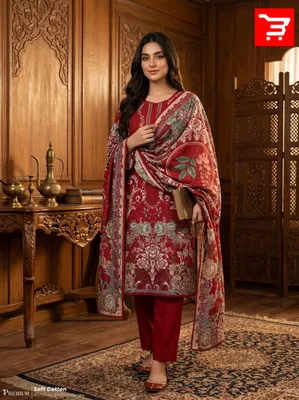 Maroon & Floral Printed Swiss Lawn Three-Piece Suit Set - Deep Maroon / Crimson Base