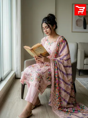 Floral Printed Cotton Three-Piece Suit with Cutwork Embroidery - Soft Baby Pink Base