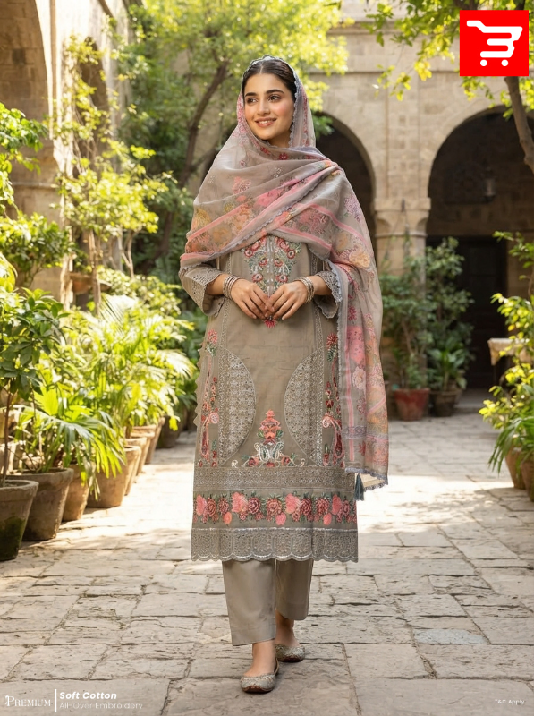 Slate Grey Floral Embroidered Solid Cotton Three-Piece Suit - Sophisticated Slate Grey / Taupe Grey Base