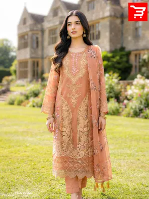 Pakistani-Inspired Embroidered Solid Cotton Three-Piece Suit - Solid Warm Camel / Light Mocha Tan