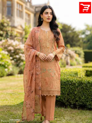 Pakistani-Inspired Embroidered Solid Cotton Three-Piece Suit - Solid Caramel Tan / Light Cinnamon Brown