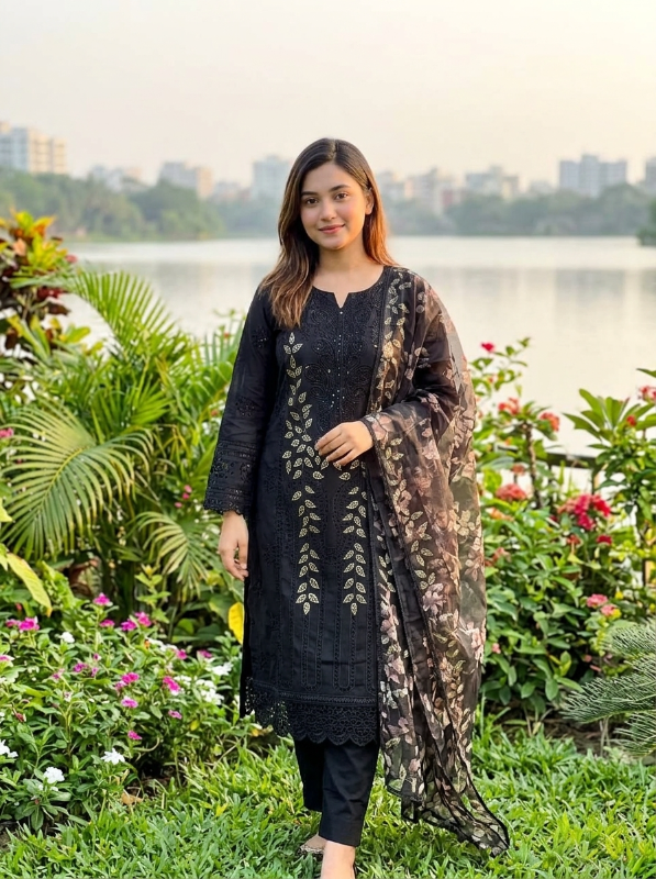 Pakistani Inspired Cotton Embroidered 3-Piece Farshi Salwar Suit - Black