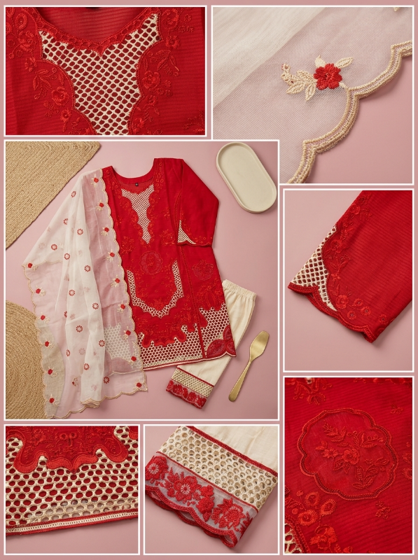 Pakistani-Inspired Schiffli Laser Cut Embroidered Swiss Lawn 3-Piece Suit