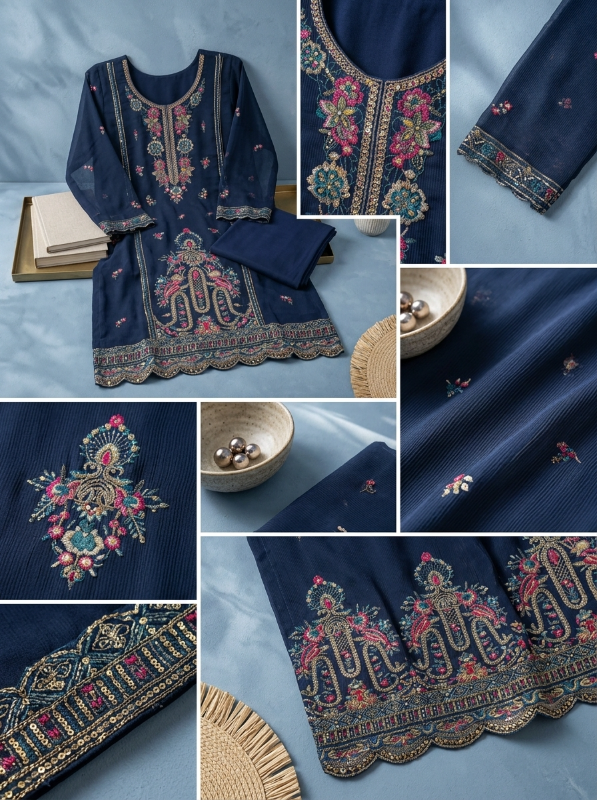 Pakistani-Inspired Embroidered Kota Silk 3-Piece Suit - Multi-Color