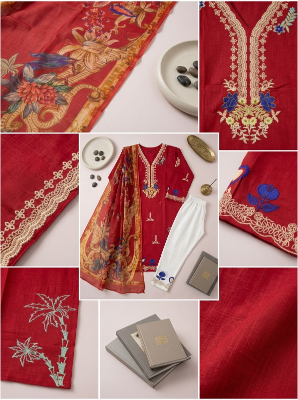 Pakistani-Inspired Slub Cotton Embroidered 3-Piece Suit