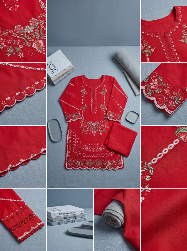 Embroidered Swiss Cotton Co-Ord Set - Vibrant Red