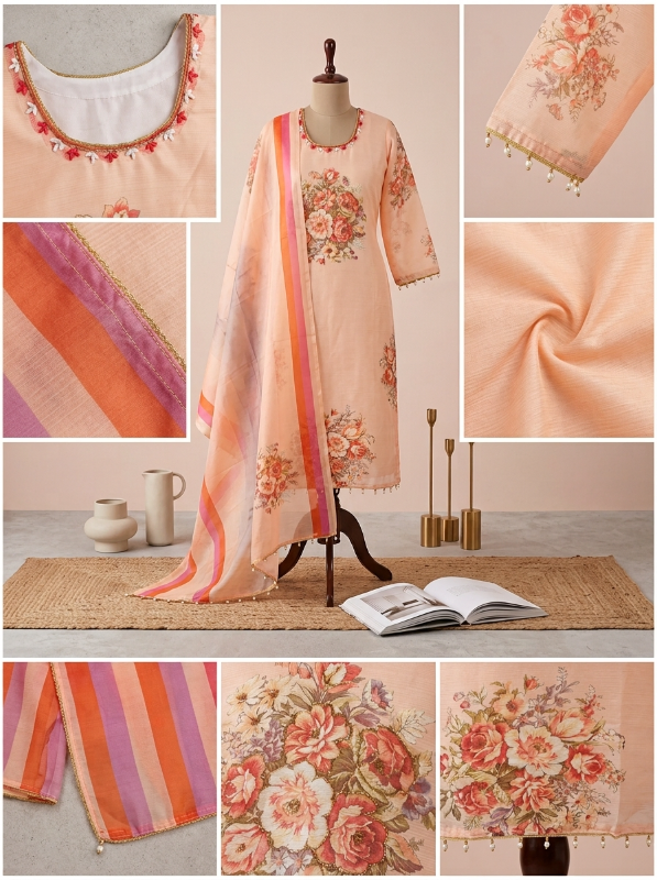 Pakistani-Inspired Floral Printed Georgette 3-Piece Suit - Peach