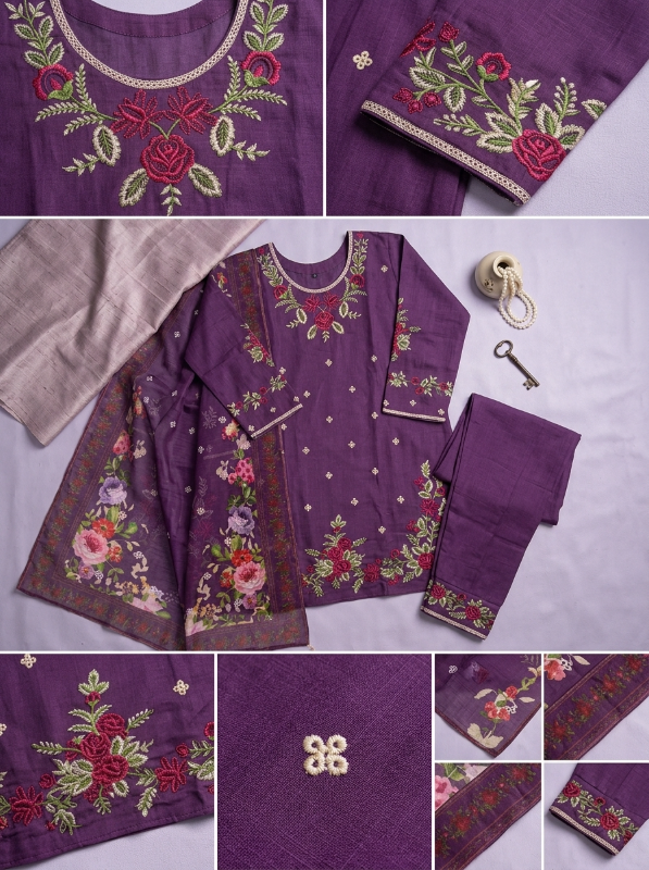 Pakistani-Inspired Embroidered Slub Cotton 3-Piece Suit