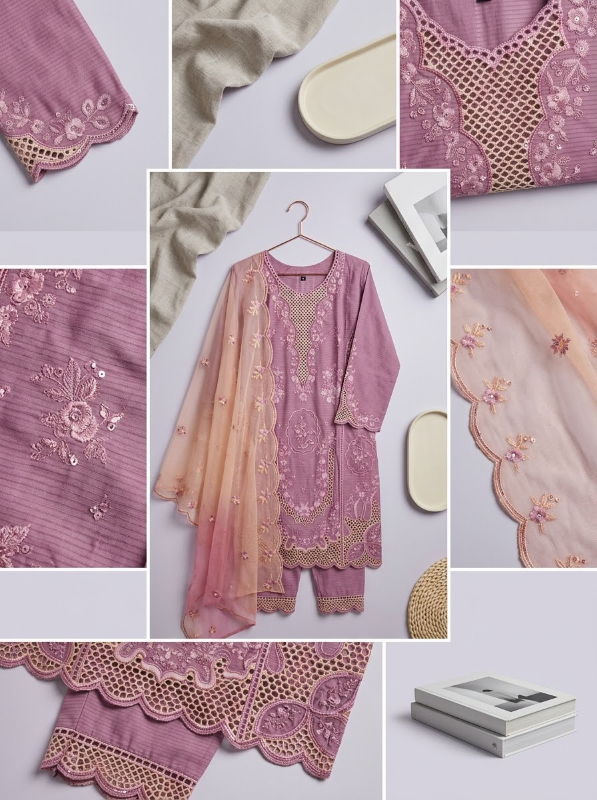 Pakistani-Inspired Embroidered Swiss Lawn 3-Piece Suit - Dusty Mauve / Purple