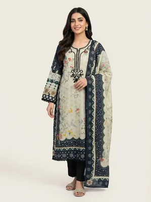 Pakistani-Inspired Floral Printed Swiss Lawn Kaftan Set - Off-White base with Black contrast accents