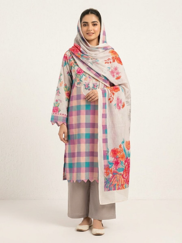 New Swizz Lawn Floral & Grid Print 3-Piece Suit Collection - Pastel Grid