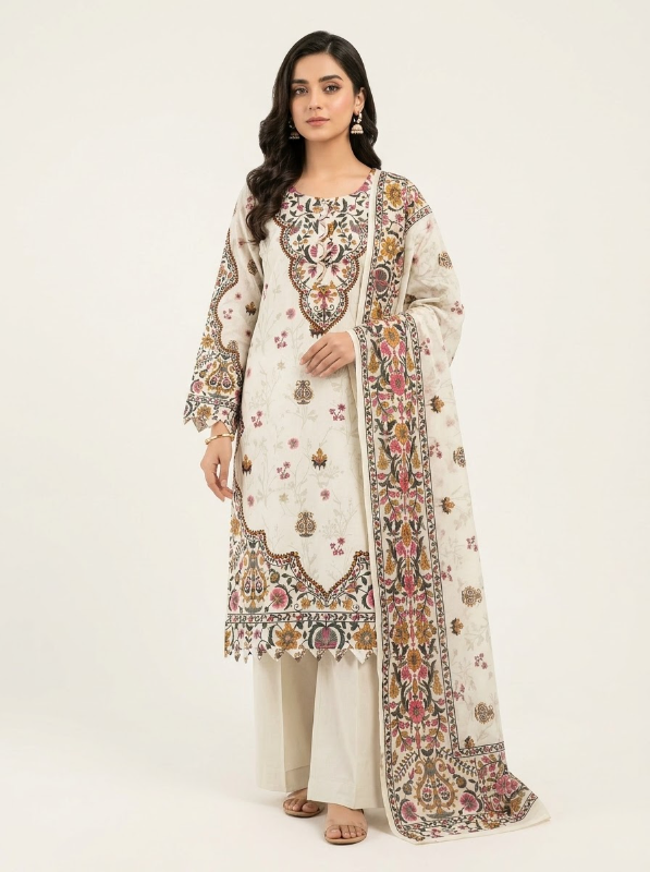 New Swizz Lawn Floral & Paisley Printed 3-Piece Suit Collection - Off-White Base with Pink