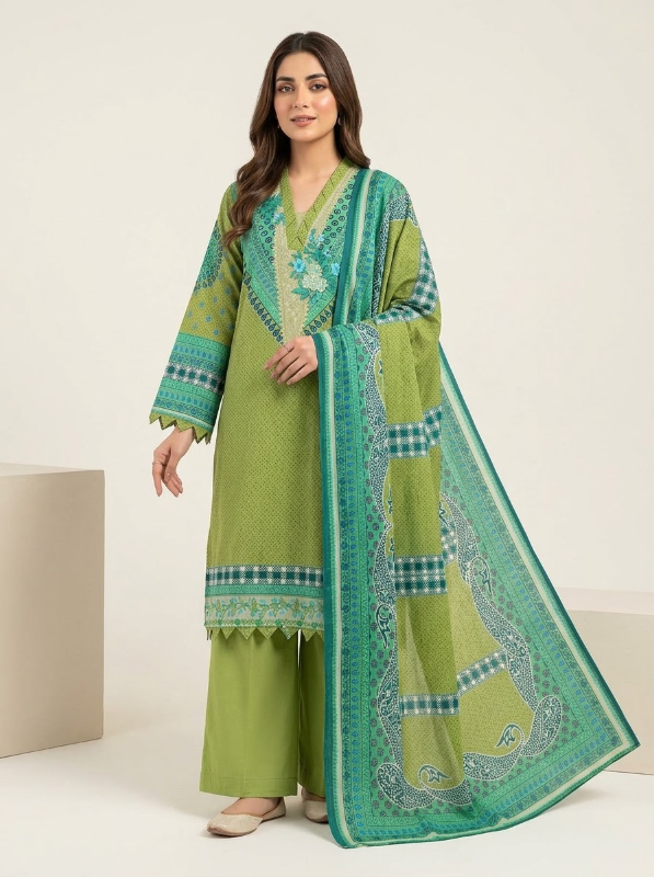 New Swizz Lawn Olive Green Paisley & Geometric Printed 3-Piece Suit Collection