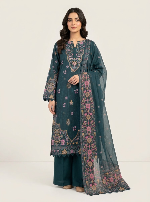 New Swizz Lawn Charcoal Floral & Paisley Printed 3-Piece Suit Collection