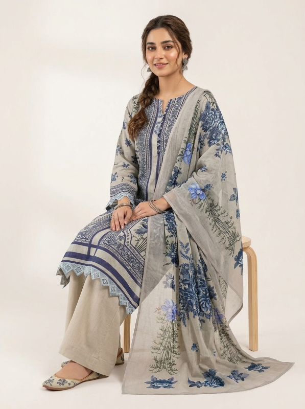 New Swizz Lawn Off-White & Royal Blue Floral Printed 3-Piece Suit Collection
