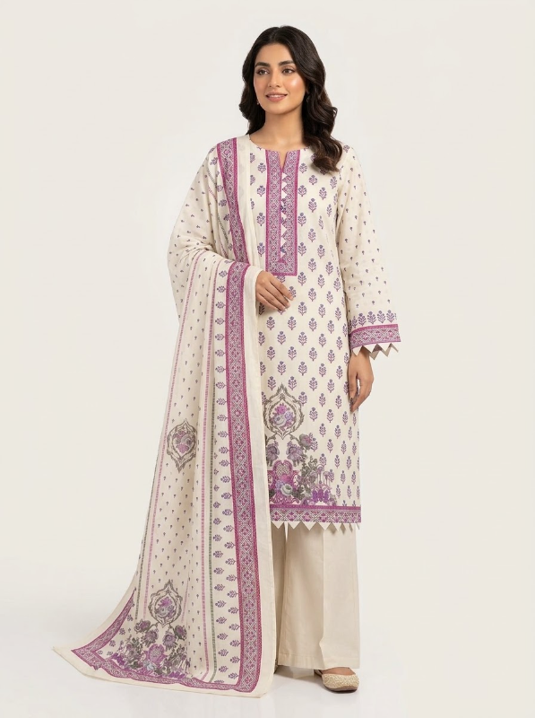 New Swizz Lawn Off-White & Mauve Block Printed 3-Piece Suit Collection