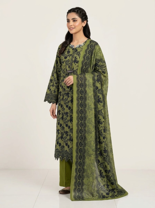 New Swizz Lawn Olive Green & Charcoal Floral Printed 3-Piece Suit Collection