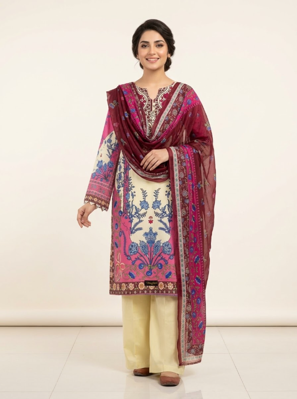  New Swizz Lawn Off-White & Magenta Floral Printed 3-Piece Suit Collection
