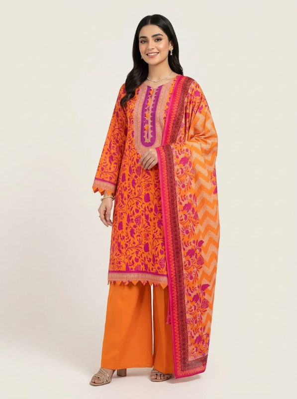 New Swizz Lawn All-Over Printed Stitched Three-Piece Collection (Vibrant Orange & Fuchsia Pink)