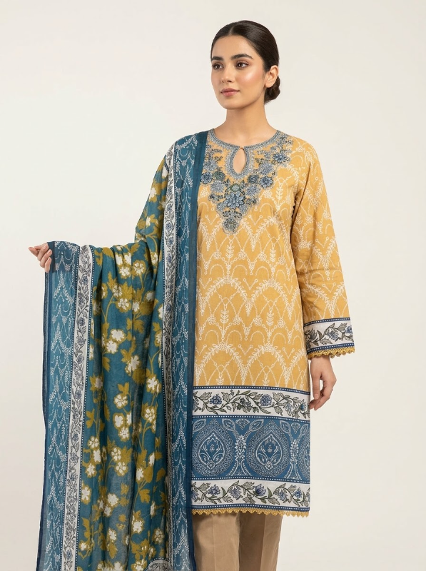 Exclusive Swizz Lawn Stitched Three-Piece Collection with Embroidered Organza Neck Panel (Mustard Yellow & Royal Blue)